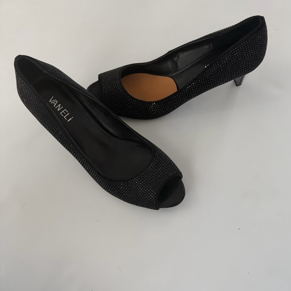 Vaneli Black Crystal Peep Toe Heels – Size 8W – Elegant Dress Pumps - Picture 4 of 8